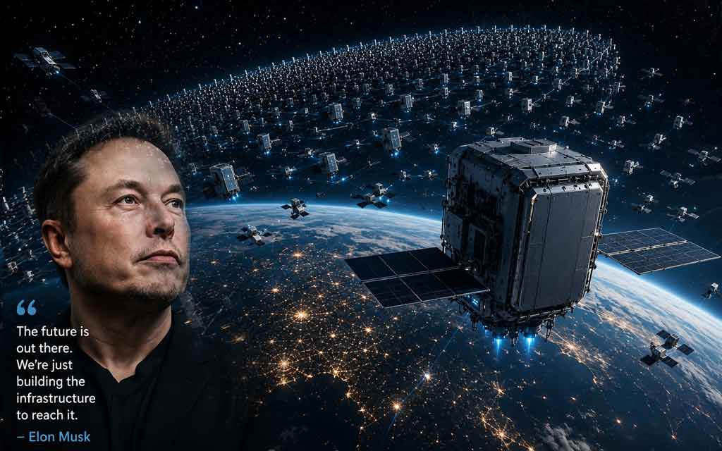 Concept of millions of satellites orbiting Earth as a giant AI data center network powered by solar energy
