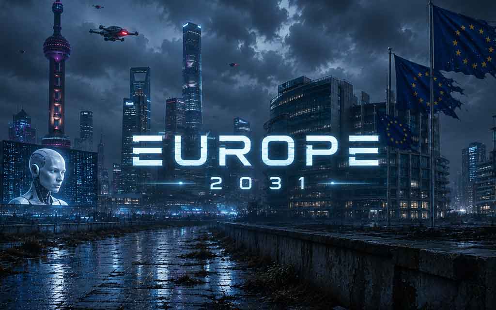 Concept image showing Europe lagging behind advanced AI infrastructure while major AI hubs emerge in the United States and China.