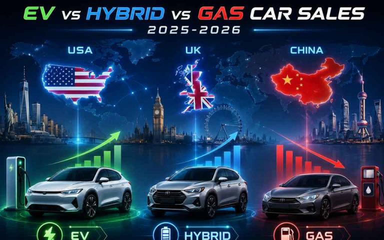 EV vs Hybrid vs Gas Car sales comparison across USA, UK, and China in 2025-2026 showing market share trends and electrification growth.