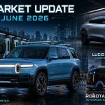 June 2026 EV market update showing Rivian R2, Lucid Cosmos, Tesla Model Y competition, rising hybrid sales and robotaxi industry developments