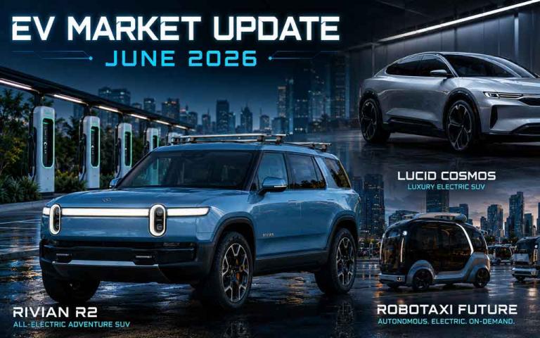 June 2026 EV market update showing Rivian R2, Lucid Cosmos, Tesla Model Y competition, rising hybrid sales and robotaxi industry developments