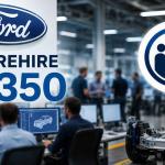 Veteran Ford engineers inspecting a vehicle alongside AI-powered quality control systems inside a modern automotive manufacturing plant.