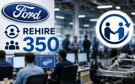 Veteran Ford engineers inspecting a vehicle alongside AI-powered quality control systems inside a modern automotive manufacturing plant.