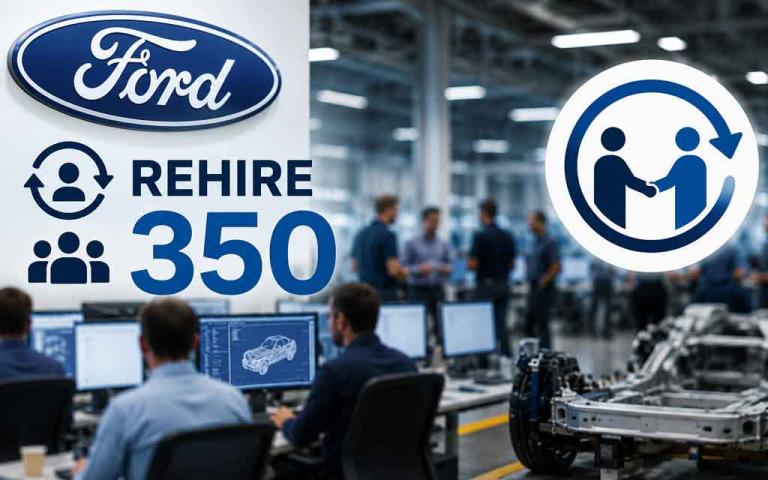 Veteran Ford engineers inspecting a vehicle alongside AI-powered quality control systems inside a modern automotive manufacturing plant.
