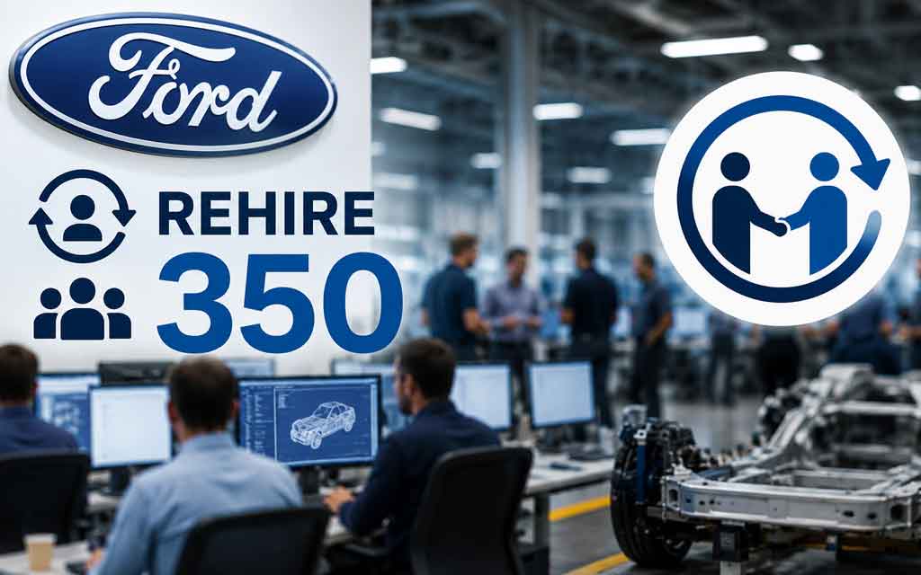 Veteran Ford engineers inspecting a vehicle alongside AI-powered quality control systems inside a modern automotive manufacturing plant.