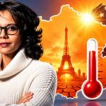 Paris skyline during an extreme heatwave with AI-powered green data centers, renewable energy infrastructure, and climate change visualization representing sustainable technology and global climate responsibility.