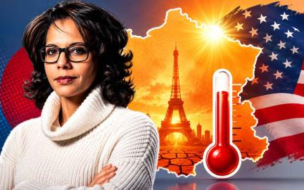 Paris skyline during an extreme heatwave with AI-powered green data centers, renewable energy infrastructure, and climate change visualization representing sustainable technology and global climate responsibility.