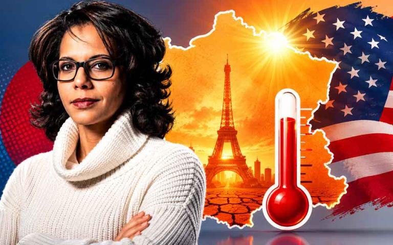 Paris skyline during an extreme heatwave with AI-powered green data centers, renewable energy infrastructure, and climate change visualization representing sustainable technology and global climate responsibility.
