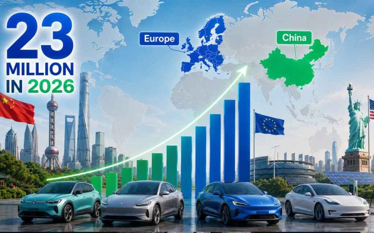 Global electric vehicle sales forecast for 2026 showing growth in China Europe and the United States