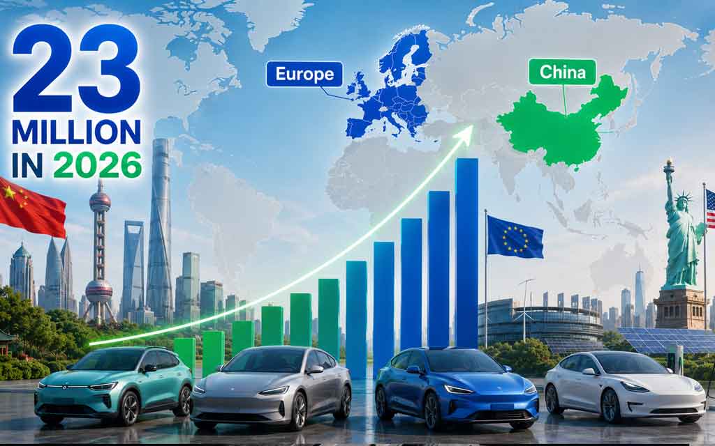 Global electric vehicle sales forecast for 2026 showing growth in China Europe and the United States