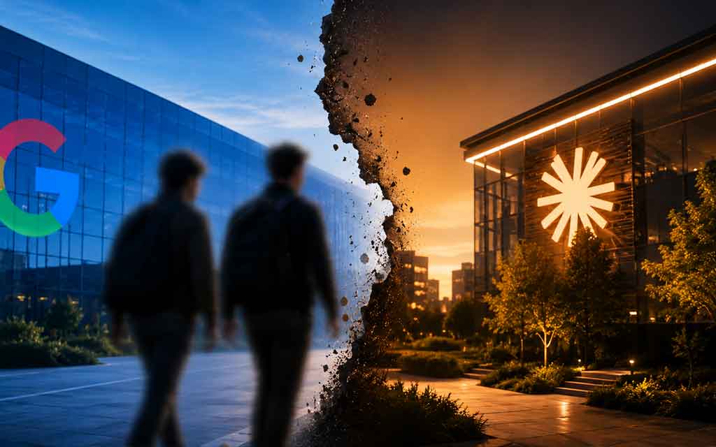 Concept illustration showing Google DeepMind researchers moving to Anthropic, highlighting the growing AI talent war surrounding Gemini and Claude AI models.