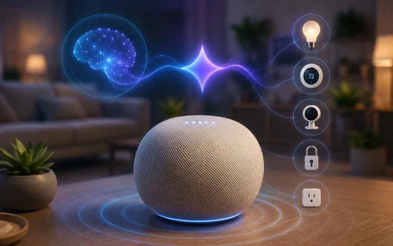 Google Home Speaker (2026) featuring Gemini AI, 360-degree audio, and smart home controls in a modern cylindrical design.