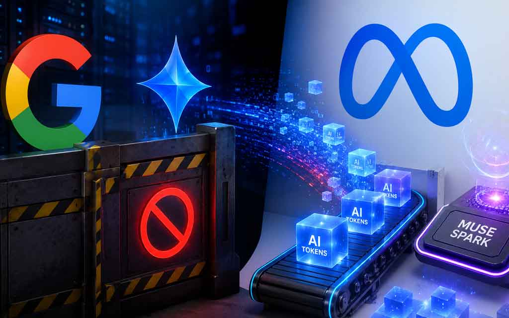 Google Gemini AI and Meta logos with AI chips and data center servers representing compute shortages and the AI infrastructure race.