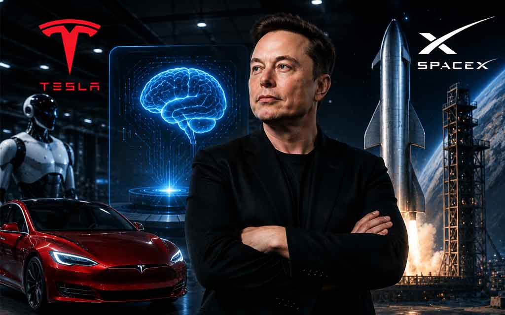 Elon Musk presenting Grok 4.5 AI with Tesla and SpaceX branding, showcasing advanced AI development, coding capabilities, and next-generation frontier models.