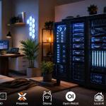 Modern home AI datacenter with GPU servers, RTX 4090 workstation, local AI models, Proxmox virtualization, and private AI infrastructure running in a residential setup