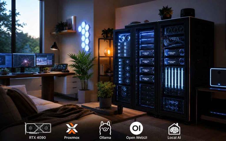 Modern home AI datacenter with GPU servers, RTX 4090 workstation, local AI models, Proxmox virtualization, and private AI infrastructure running in a residential setup