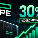 HPE AI server infrastructure powering data centers with stock market growth chart and enterprise networking technology