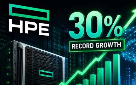 HPE AI server infrastructure powering data centers with stock market growth chart and enterprise networking technology