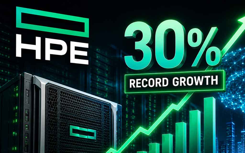 HPE AI server infrastructure powering data centers with stock market growth chart and enterprise networking technology
