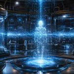 Futuristic quantum teleportation concept showing a human figure being reconstructed through streams of quantum particles and light