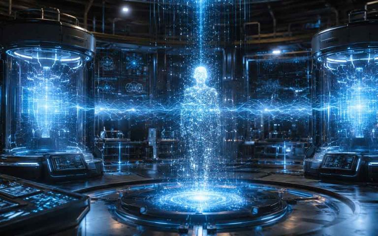 Futuristic quantum teleportation concept showing a human figure being reconstructed through streams of quantum particles and light
