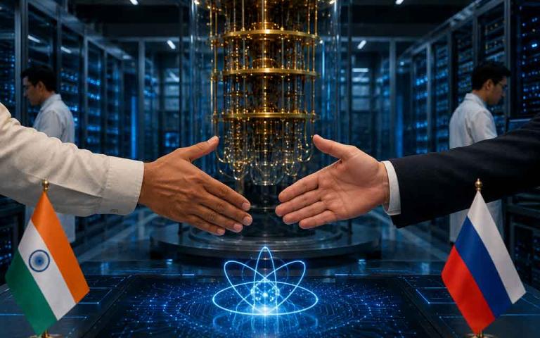 India and Russia collaborating on advanced quantum computing research under India's National Quantum Mission with futuristic quantum processors and digital technology visualization