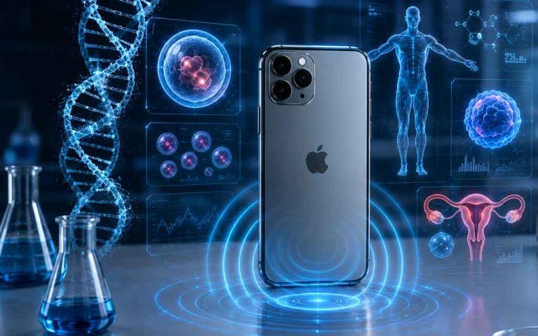 Modern smartphone emitting wireless signals near a human silhouette with reproductive health and technology concept