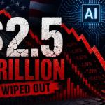 Stock market crash visualization with falling charts, red candlesticks, AI technology graphics, and investors reacting to a major selloff