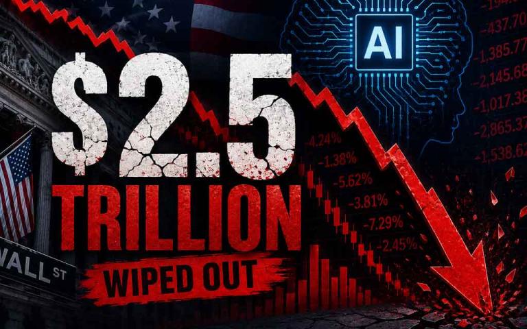 Stock market crash visualization with falling charts, red candlesticks, AI technology graphics, and investors reacting to a major selloff