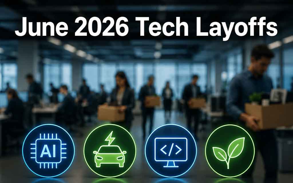 June 2026 technology layoffs affecting AI, software, EV, and green tech companies as firms restructure around artificial intelligence.