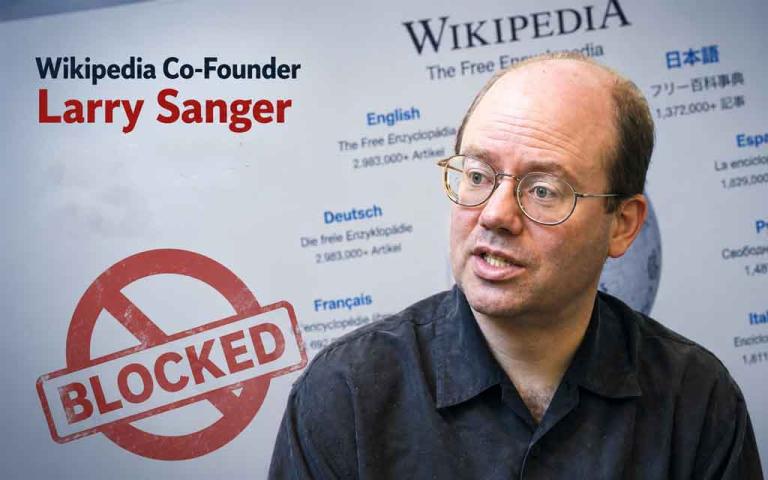 Digital encyclopedia interface with editing permissions revoked, symbolizing the indefinite block of Wikipedia co-founder Larry Sanger.