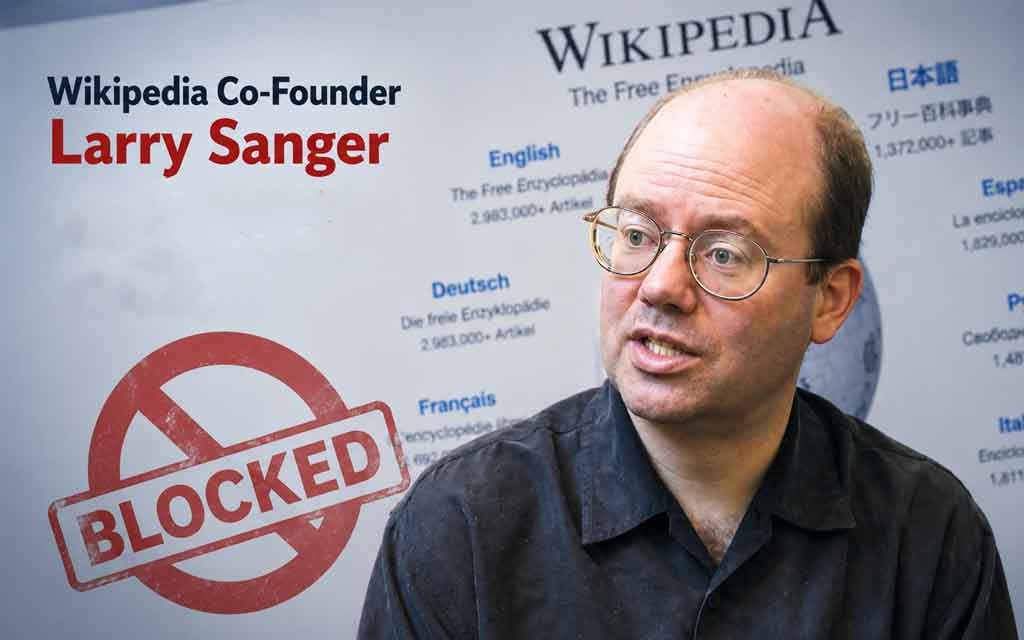 Digital encyclopedia interface with editing permissions revoked, symbolizing the indefinite block of Wikipedia co-founder Larry Sanger.