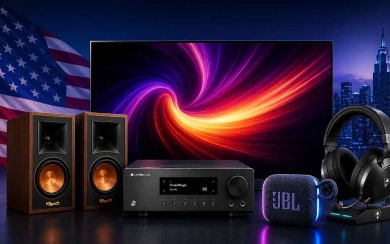 Collection of modern consumer electronics including OLED TV, gaming headset, bookshelf speakers, amplifier, and portable Bluetooth speaker