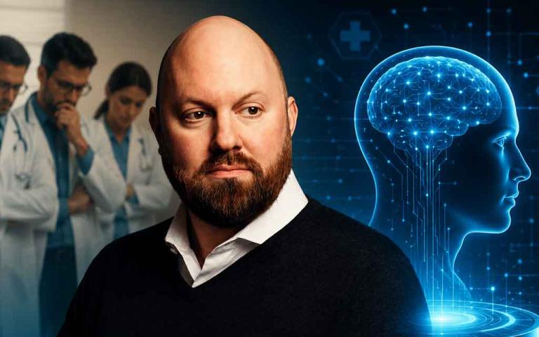 Marc Andreessen discussing artificial intelligence in healthcare alongside a digital AI doctor interface, illustrating AI-assisted medical diagnosis, clinical decision support, and the future of medicine.