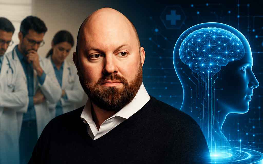 Marc Andreessen discussing artificial intelligence in healthcare alongside a digital AI doctor interface, illustrating AI-assisted medical diagnosis, clinical decision support, and the future of medicine.