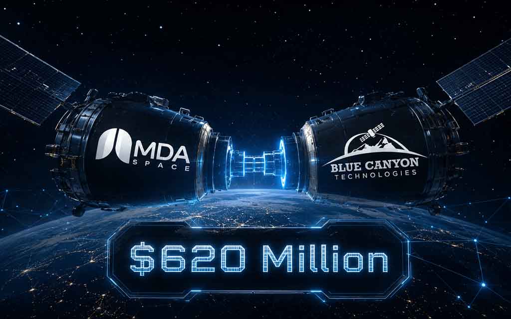 Small satellites and spacecraft components representing MDA Space's acquisition of Blue Canyon Technologies and expansion into U.S. defense space programs.