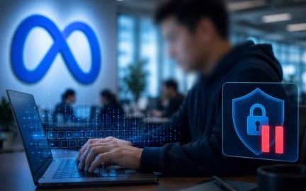 Concept illustration of employee activity monitoring, cybersecurity breach, and AI training systems at a technology company.