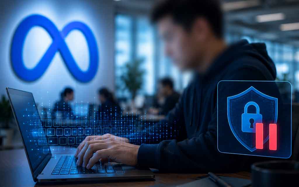 Concept illustration of employee activity monitoring, cybersecurity breach, and AI training systems at a technology company.