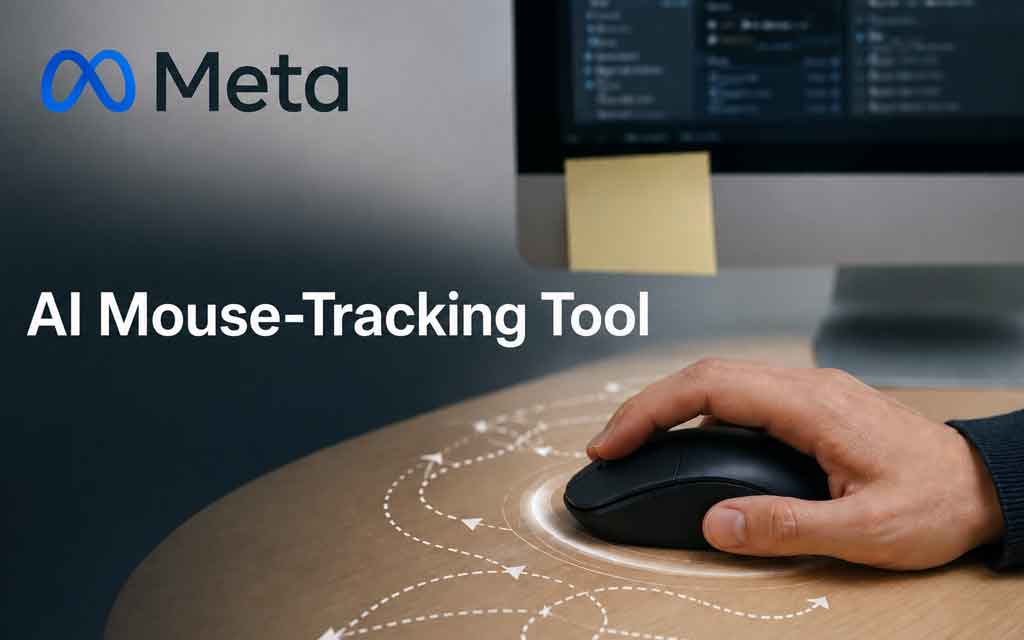 Meta AI employee monitoring system tracking mouse movements and computer activity with privacy concerns and workplace AI illustration