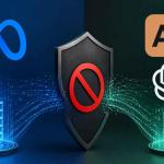 Meta AI engineers working in a secure development environment with Claude Code and OpenAI Codex access restricted, illustrating AI model training, data protection, and cybersecurity concepts.
