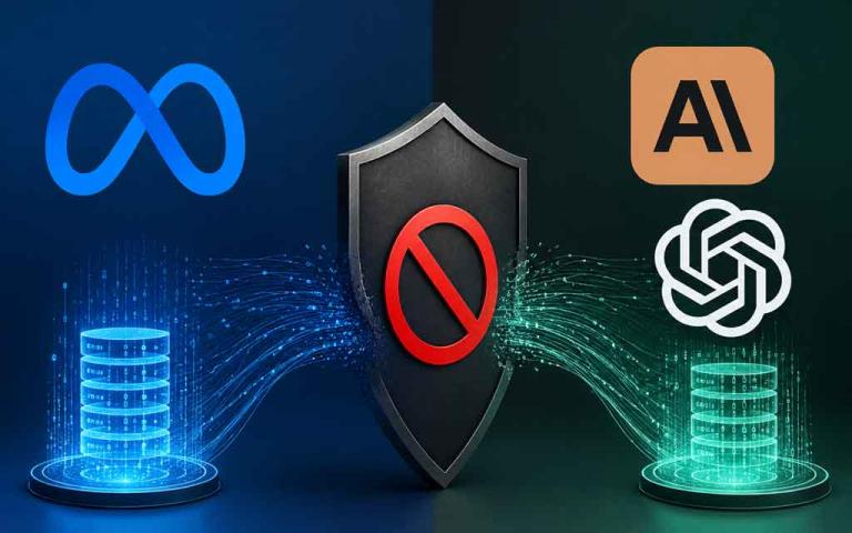 Meta AI engineers working in a secure development environment with Claude Code and OpenAI Codex access restricted, illustrating AI model training, data protection, and cybersecurity concepts.