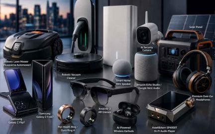 Collection of advanced 2026 gadgets including AI smart rings, AR glasses, smart home devices, premium audio equipment, and mobility technology