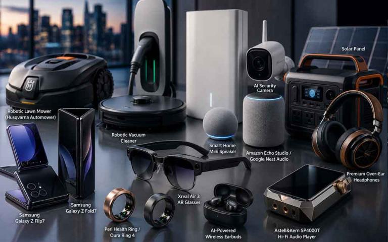 Collection of advanced 2026 gadgets including AI smart rings, AR glasses, smart home devices, premium audio equipment, and mobility technology
