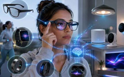 Illustration of on-device AI powering smart wearables, smart glasses, health trackers, and connected smart home devices in 2026