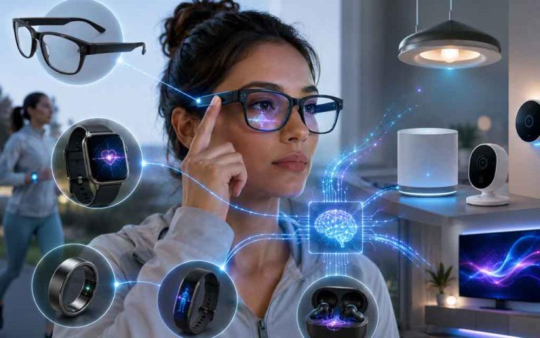 Illustration of on-device AI powering smart wearables, smart glasses, health trackers, and connected smart home devices in 2026