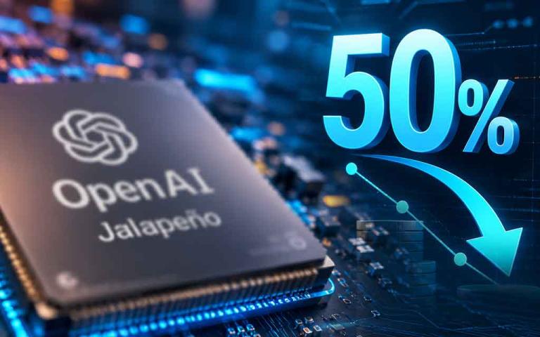 Concept illustration of OpenAI's Jalapeño custom AI inference chip with advanced semiconductor architecture powering next-generation ChatGPT and enterprise AI applications.