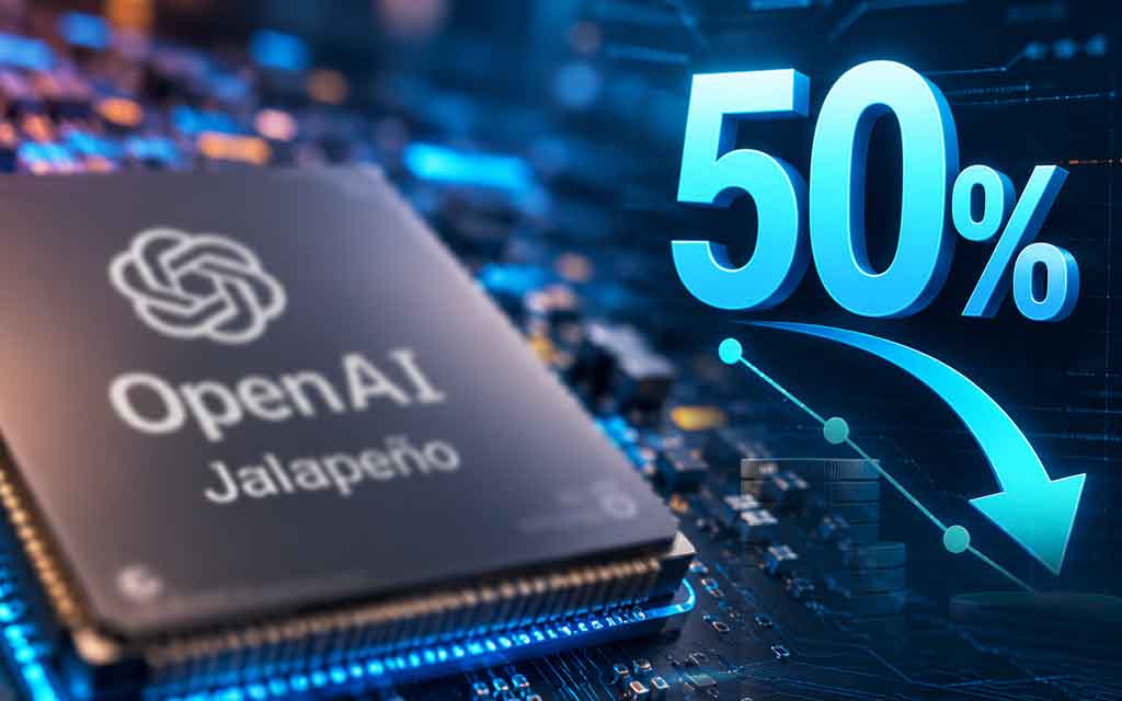 Concept illustration of OpenAI's Jalapeño custom AI inference chip with advanced semiconductor architecture powering next-generation ChatGPT and enterprise AI applications.