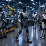 Humanoid robots working alongside humans in a modern manufacturing facility powered by artificial intelligence in 2026