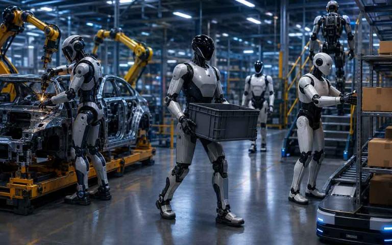 Humanoid robots working alongside humans in a modern manufacturing facility powered by artificial intelligence in 2026
