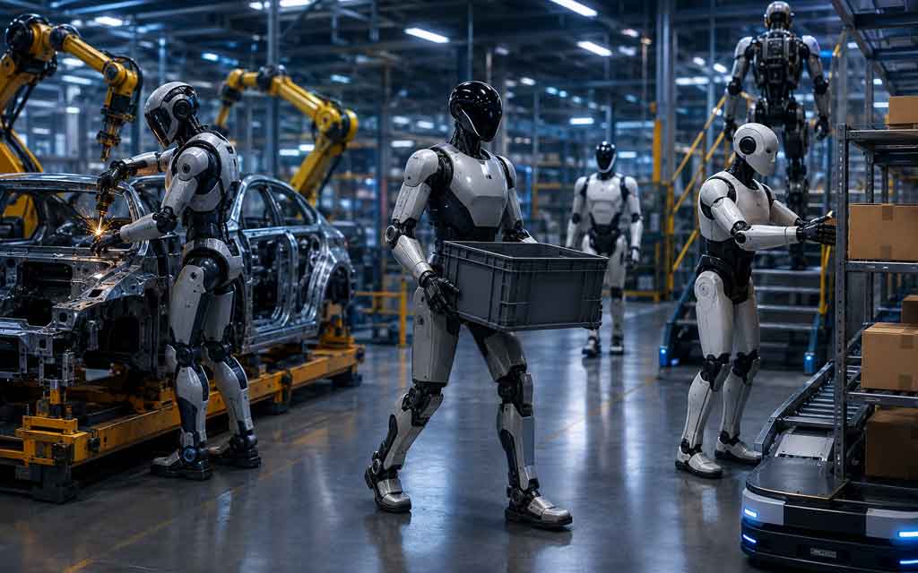 Humanoid robots working alongside humans in a modern manufacturing facility powered by artificial intelligence in 2026